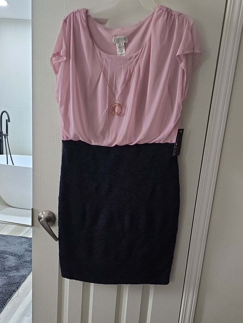 Enfocus Studio Light Pink Blouson Top with Black Lace Pencil Dress